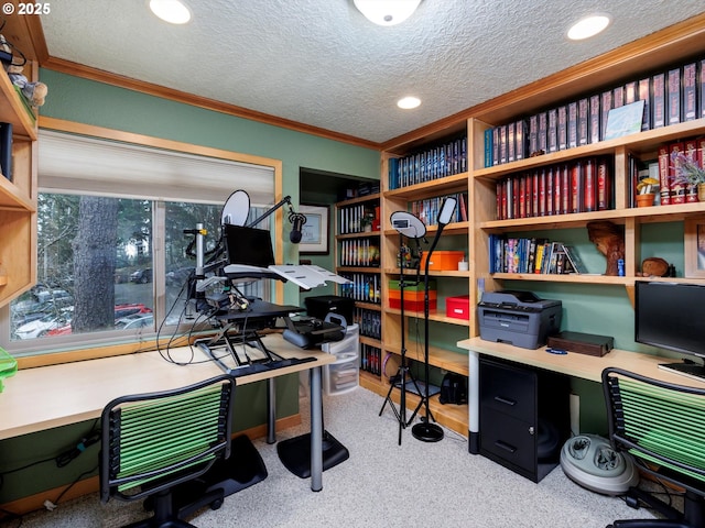 carpeted office space featuring recessed lighting, a textured ceiling, and crown molding