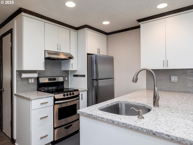 kitchen with a sink, white cabinets, under cabinet range hood, and stainless steel appliances