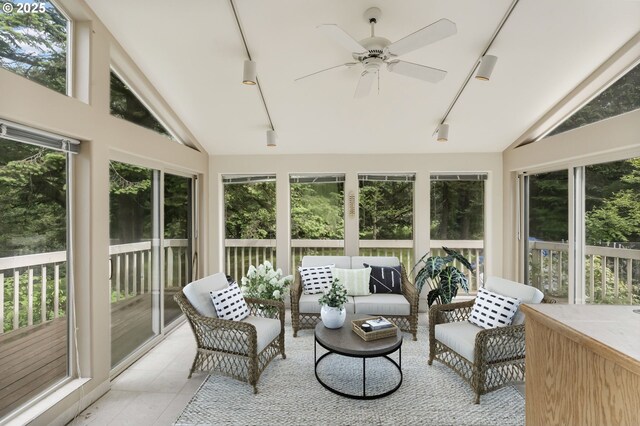 21075 NE Turner Ln, Hillsboro, OR 97123 - sunroom featuring rail lighting, a ceiling fan, and healthy amount of natural light