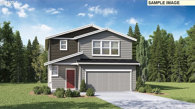 view of front of house with a front yard, driveway, and a garage