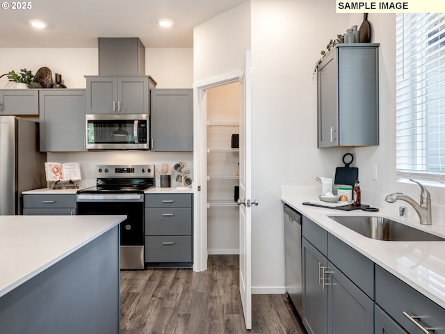 kitchen featuring a sink, light countertops, appliances with stainless steel finishes, dark wood finished floors, and gray cabinetry