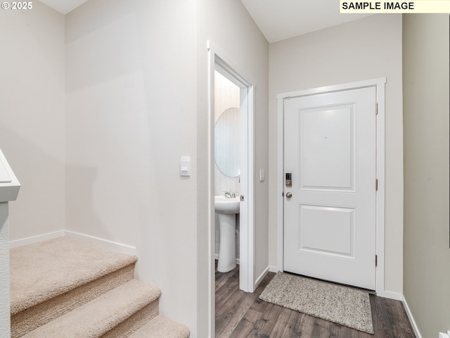 foyer entrance featuring dark hardwood / wood-style flooring and sink