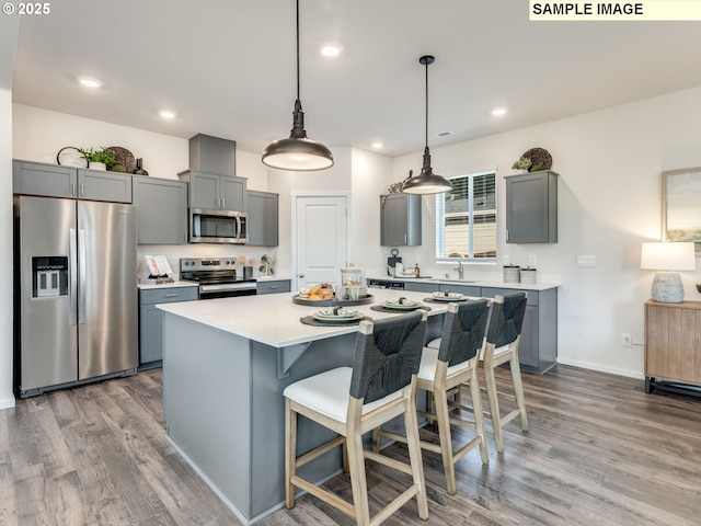 kitchen with light wood-type flooring, a sink, gray cabinetry, and stainless steel appliances