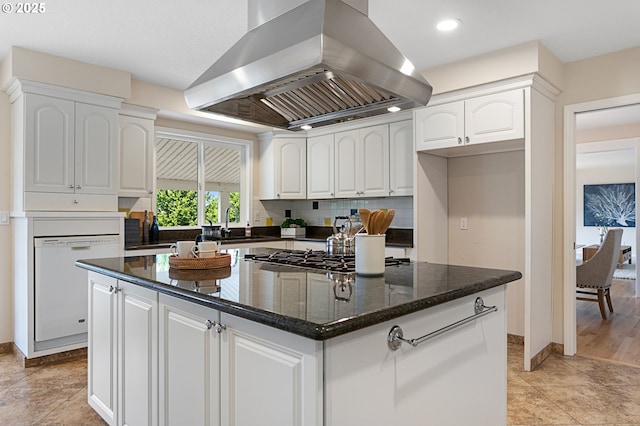 3025 SW Wallula Ave, Gresham, OR 97080 - kitchen with island range hood, dishwasher, white cabinets, stainless steel gas cooktop, and recessed lighting