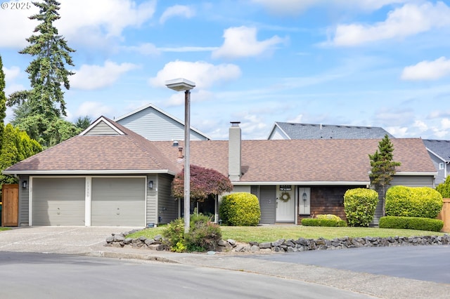 13355 SW Chimney Ridge Ct, Tigard, OR 97223 - single story home featuring roof with shingles, a garage, a chimney, and concrete driveway