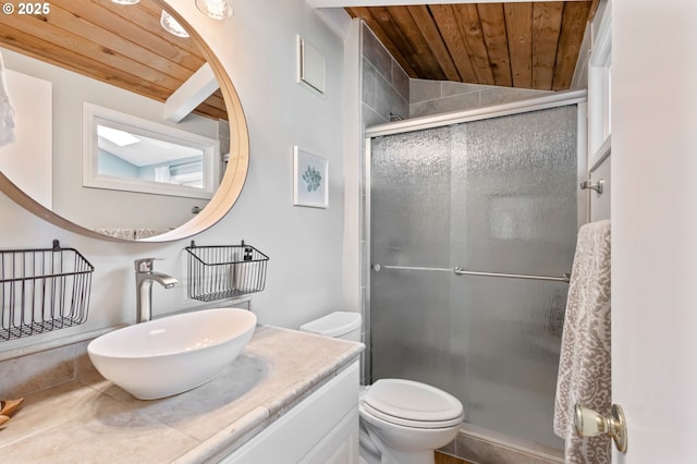 13355 SW Chimney Ridge Ct, Tigard, OR 97223 - bathroom with wooden ceiling, a stall shower, and vanity