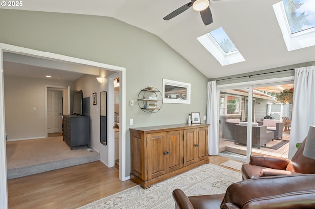 13355 SW Chimney Ridge Ct, Tigard, OR 97223 - living room with lofted ceiling, a skylight, light wood-style floors, ceiling fan, and recessed lighting
