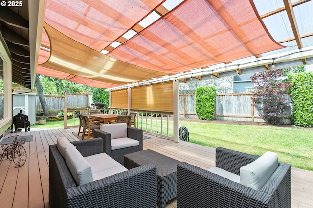 13355 SW Chimney Ridge Ct, Tigard, OR 97223 - deck featuring a fenced backyard, a storage shed, outdoor dining area, a grill, and a pergola