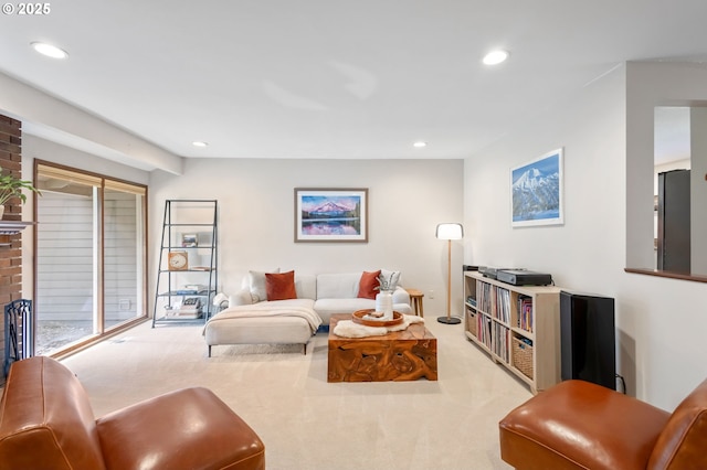 13355 SW Chimney Ridge Ct, Tigard, OR 97223 - living room featuring carpet, recessed lighting, and a brick fireplace