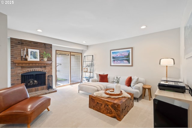 13355 SW Chimney Ridge Ct, Tigard, OR 97223 - living room featuring light colored carpet, a fireplace, and recessed lighting