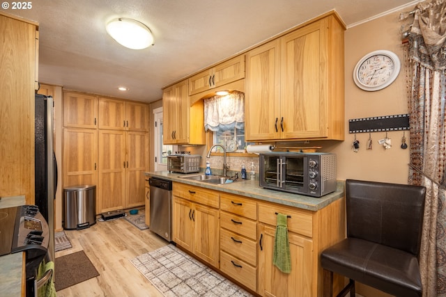 kitchen with a toaster, electric range oven, light wood-type flooring, stainless steel dishwasher, and a sink