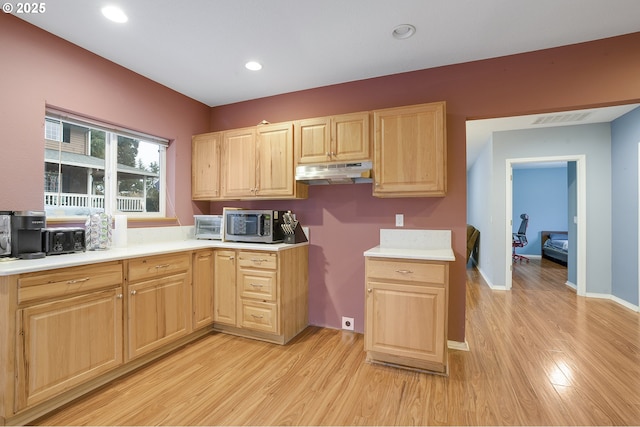 kitchen with light hardwood / wood-style flooring and light brown cabinets