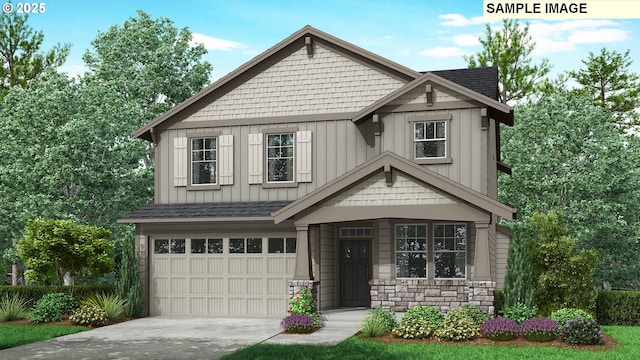 4321 Dogwood Ave, Albany, OR 97322 - craftsman-style house with board and batten siding, a garage, driveway, stone siding, and roof with shingles