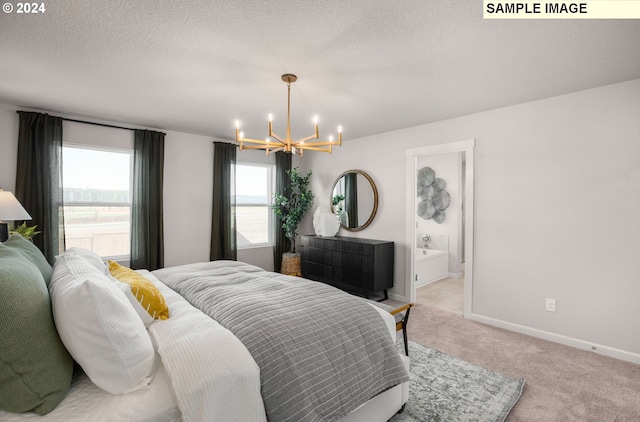 4321 Dogwood Ave, Albany, OR 97322 - bedroom featuring a chandelier, light carpet, baseboards, connected bathroom, and a textured ceiling