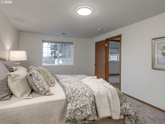 bedroom with a textured ceiling and carpet