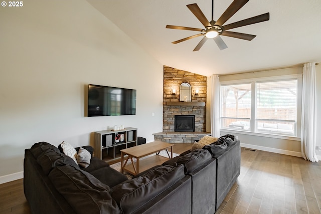 5300 Davis St SE, Turner, OR 97392 - living room with ceiling fan, wood finished floors, a fireplace, and high vaulted ceiling