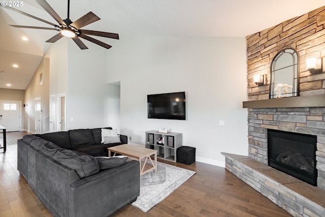 5300 Davis St SE, Turner, OR 97392 - living room with high vaulted ceiling, a fireplace, ceiling fan, wood finished floors, and recessed lighting