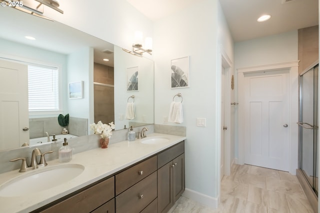 5300 Davis St SE, Turner, OR 97392 - full bathroom with a shower stall, double vanity, a bath, and recessed lighting