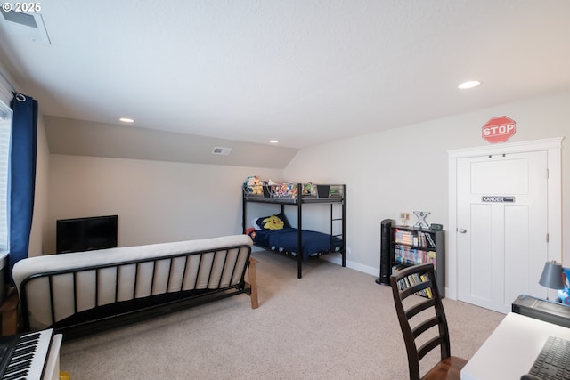 5300 Davis St SE, Turner, OR 97392 - bedroom featuring light carpet, lofted ceiling, and recessed lighting