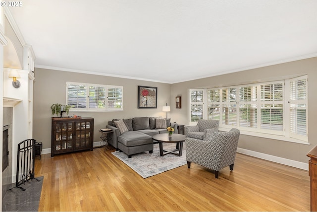 2980 SW 116th Ave, Beaverton, OR 97005 - living area with light wood-type flooring, ornamental molding, and a fireplace with flush hearth
