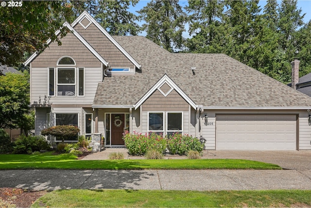 craftsman-style home with a garage, driveway, and roof with shingles