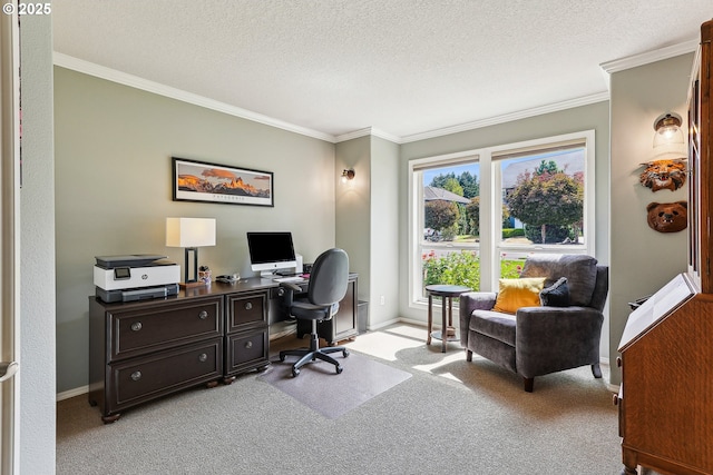 home office with baseboards, ornamental molding, and light carpet