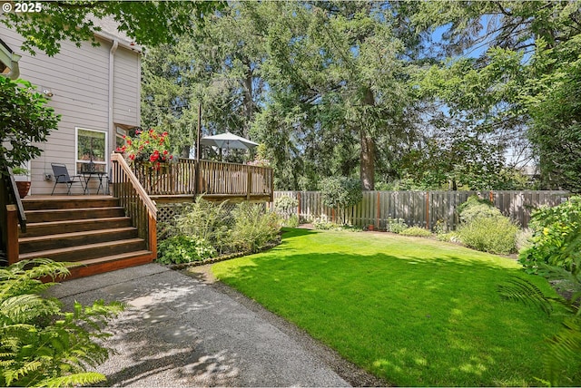 view of yard featuring a fenced backyard and a deck