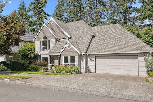 craftsman-style home with an attached garage, roof with shingles, and driveway