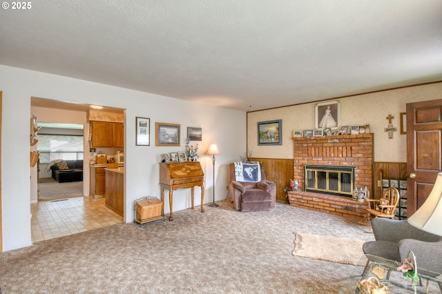 1318 SW 39th Ave, Pendleton, OR 97801 - carpeted living area featuring a fireplace and a textured ceiling