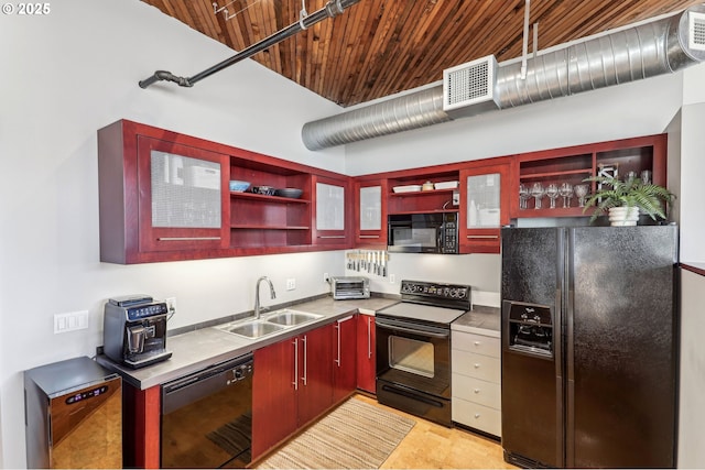 1420 NW Lovejoy St Unit 518, Portland, OR 97209 - kitchen with black appliances, a sink, open shelves, wooden ceiling, and dark brown cabinets