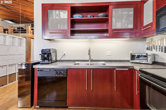 1420 NW Lovejoy St Unit 518, Portland, OR 97209 - kitchen with black appliances, a sink, dark brown cabinets, wine cooler, and wood ceiling