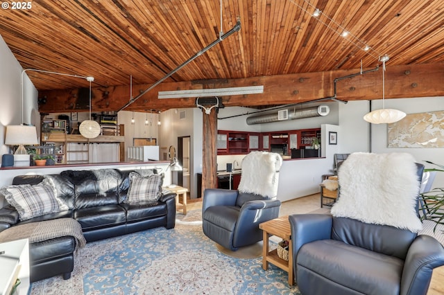 carpeted living room with beamed ceiling and wood ceiling