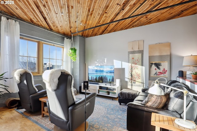 living room with wooden ceiling