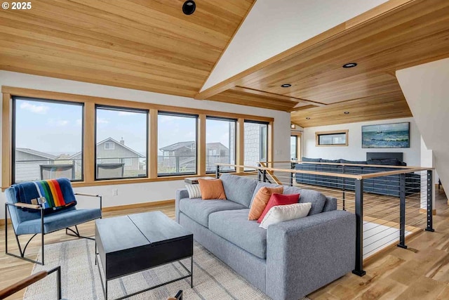 living room featuring wooden ceiling, wood finished floors, vaulted ceiling, and baseboards