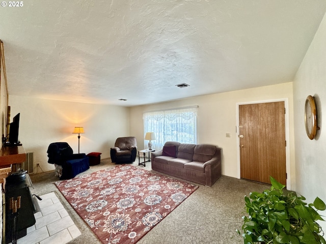 330 Maple St, Brookings, OR 97415 - carpeted living room with a textured ceiling and a wood stove