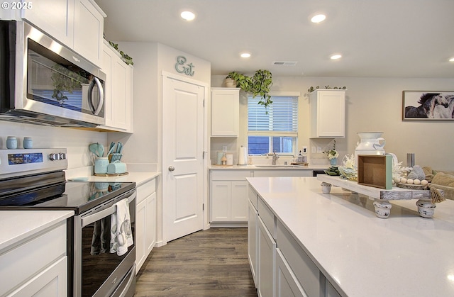 kitchen featuring stainless steel appliances, white cabinetry, and dark hardwood / wood-style floors