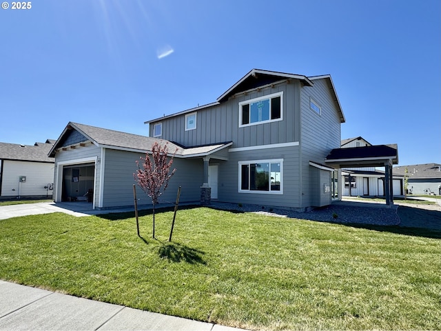 view of front of home featuring board and batten siding, an attached garage, and a front yard