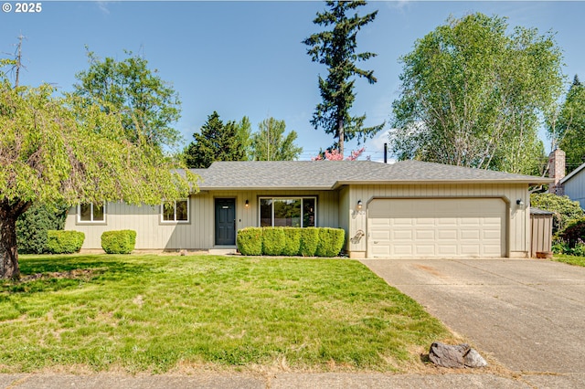 ranch-style house featuring an attached garage, concrete driveway, and a front lawn