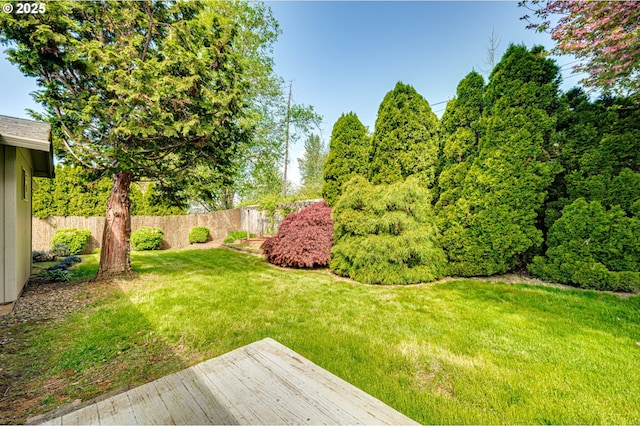 view of yard with fence and a wooden deck