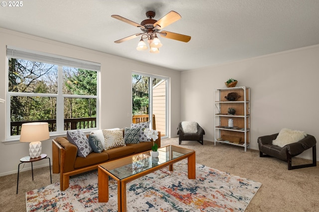 carpeted living room with a textured ceiling, baseboards, a ceiling fan, and ornamental molding