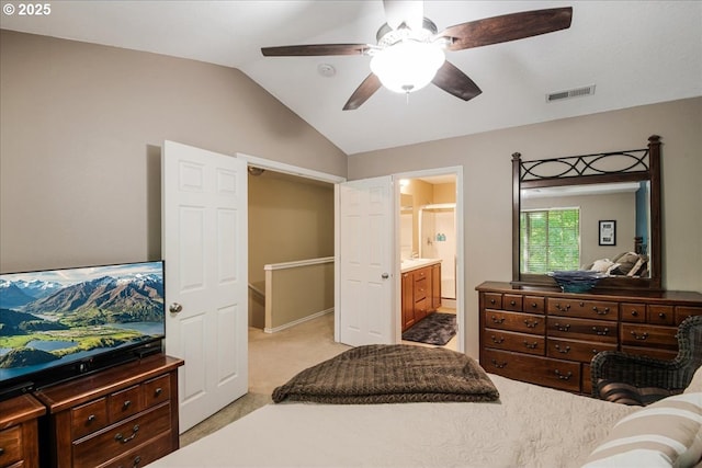 16181 SW Holland Ln, Sherwood, OR 97140 - bedroom featuring light carpet, lofted ceiling, a ceiling fan, and ensuite bath