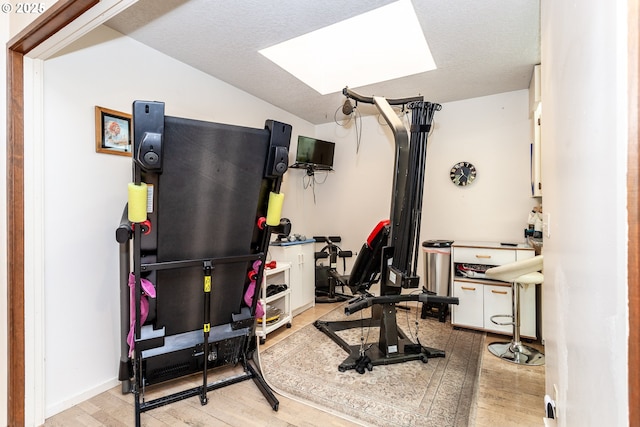 workout room featuring light wood-style flooring and a skylight