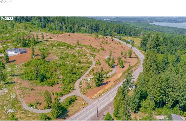 birds eye view of property featuring a forest view