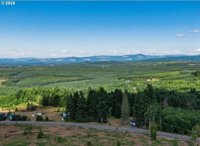 bird's eye view featuring a wooded view and a mountain view