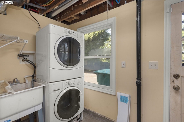 205 NE Billingher Dr, Portland, OR 97220 - washroom with laundry area, a sink, and stacked washer and dryer