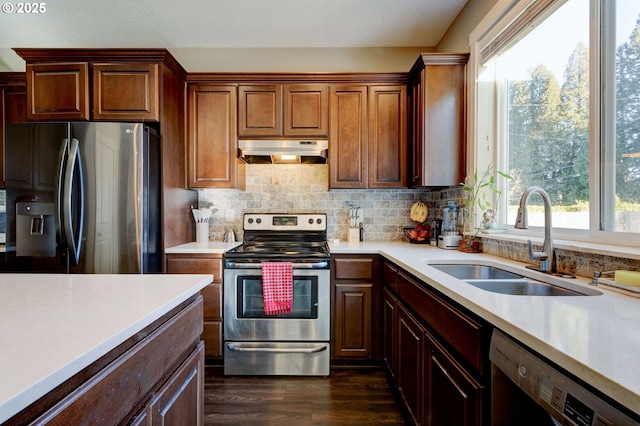 kitchen with tasteful backsplash, sink, dark hardwood / wood-style flooring, and stainless steel appliances