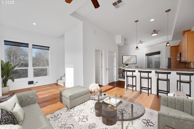 living room featuring ceiling fan and light wood-type flooring