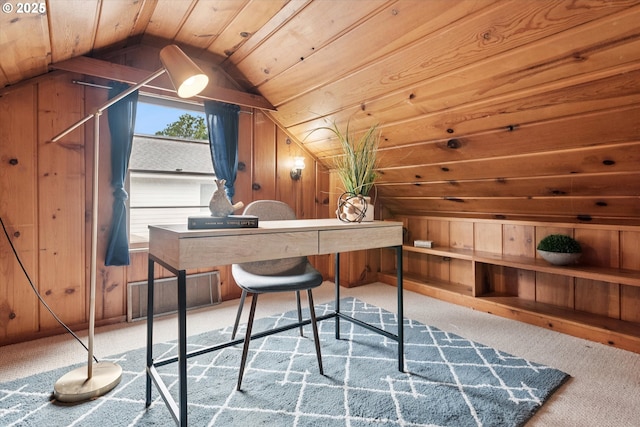 10914 SW 64th Ave, Portland, OR 97219 - office space featuring carpet floors, wooden walls, lofted ceiling, and wood ceiling