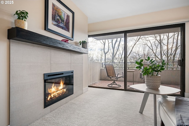 interior space featuring a wealth of natural light, carpet flooring, and a fireplace