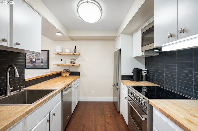 kitchen featuring a sink, wood counters, stainless steel appliances, baseboards, and dark wood-style flooring